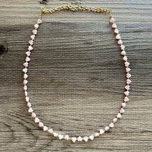 Load image into Gallery viewer, Mother of Pearl Pink Heart Statement Necklace, Skinny Strand Jewelry, Valentines Day jewelry, layering beaded gold shiny