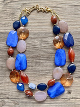 Load image into Gallery viewer, Sedona Sunset Statement Necklace, chunky bib beaded jewelry, blue necklace, light brown beaded aqua royal blue, tan champagne chocolate