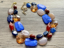 Load image into Gallery viewer, Sedona Sunset Statement Necklace, chunky bib beaded jewelry, blue necklace, light brown beaded aqua royal blue, tan champagne chocolate