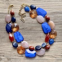Load image into Gallery viewer, Sedona Sunset Statement Necklace, chunky bib beaded jewelry, blue necklace, light brown beaded aqua royal blue, tan champagne chocolate