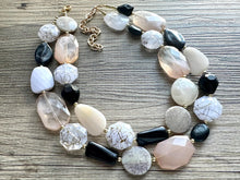 Load image into Gallery viewer, Desert Oasis Statement Necklace, neutral chunky beaded jewelry chunky tan champagne, color block beaded necklace, black white gold