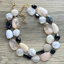 Load image into Gallery viewer, Desert Oasis Statement Necklace, neutral chunky beaded jewelry chunky tan champagne, color block beaded necklace, black white gold