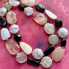 Load image into Gallery viewer, Desert Oasis Statement Necklace, neutral chunky beaded jewelry chunky tan champagne, color block beaded necklace, black white gold