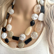 Load image into Gallery viewer, Desert Oasis Statement Necklace, neutral chunky beaded jewelry chunky tan champagne, color block beaded necklace, black white gold