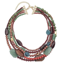 Load image into Gallery viewer, Vintage Vacation statement necklace, chunky bib beaded jewelry 5 strand neutral mint green red wood multi strand brown, Traveler Collection