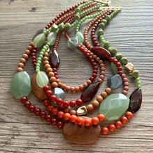 Load image into Gallery viewer, Vintage Vacation statement necklace, chunky bib beaded jewelry 5 strand neutral mint green red wood multi strand brown, Traveler Collection