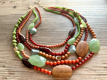 Load image into Gallery viewer, Vintage Vacation statement necklace, chunky bib beaded jewelry 5 strand neutral mint green red wood multi strand brown, Traveler Collection