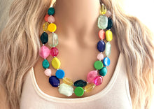 Load image into Gallery viewer, Rainbow Sunday Beaded 2 Strand Necklace, Colorful Jewelry, Chunky statement necklace, rainbow baby confetti yellow blue green orange coral