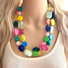 Load image into Gallery viewer, Rainbow Sunday Beaded 2 Strand Necklace, Colorful Jewelry, Chunky statement necklace, rainbow baby confetti yellow blue green orange coral