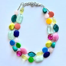 Load image into Gallery viewer, Rainbow Sunday Beaded 2 Strand Necklace, Colorful Jewelry, Chunky statement necklace, rainbow baby confetti yellow blue green orange coral