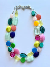 Load image into Gallery viewer, Rainbow Sunday Beaded 2 Strand Necklace, Colorful Jewelry, Chunky statement necklace, rainbow baby confetti yellow blue green orange coral