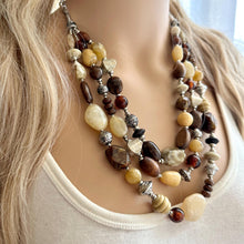 Load image into Gallery viewer, Mocha Macchiato Vintage statement necklace, chunky bib beaded jewelry 3 strand neutral wood multi strand brown, Traveler silver cream black