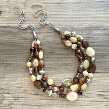 Load image into Gallery viewer, Mocha Macchiato Vintage statement necklace, chunky bib beaded jewelry 3 strand neutral wood multi strand brown, Traveler silver cream black