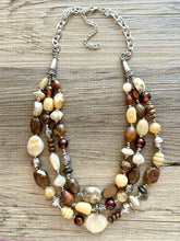 Load image into Gallery viewer, Mocha Macchiato Vintage statement necklace, chunky bib beaded jewelry 3 strand neutral wood multi strand brown, Traveler silver cream black