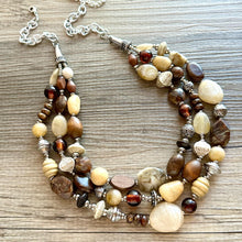 Load image into Gallery viewer, Mocha Macchiato Vintage statement necklace, chunky bib beaded jewelry 3 strand neutral wood multi strand brown, Traveler silver cream black