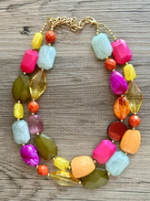 Load image into Gallery viewer, Ginger Hibiscus Beaded Necklace, 2 strand Chunky statement necklace, big beaded necklace jewelry, royal blue pink coral peach hot pink mint