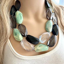 Load image into Gallery viewer, Seascape Skyline chunky necklace, dark blue swirl beaded jewelry, resin beaded Ombré necklace, green white gray black periwinkle