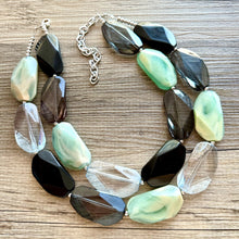 Load image into Gallery viewer, Seascape Skyline chunky necklace, dark blue swirl beaded jewelry, resin beaded Ombré necklace, green white gray black periwinkle