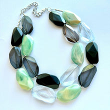 Load image into Gallery viewer, Seascape Skyline chunky necklace, dark blue swirl beaded jewelry, resin beaded Ombré necklace, green white gray black periwinkle