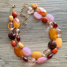 Load image into Gallery viewer, Apple Cider Harvest Chunky 2 Strand Statement Necklace, Fall Neutral dark red olive jewelry statement marigold gold orange