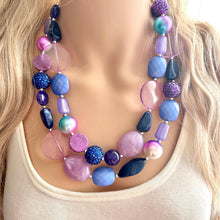 Load image into Gallery viewer, Perfect Purple & Blue beaded Necklace, 2 strand jewelry, big beaded chunky statement necklace, periwinkle aqua blue aqua turquoise pink whit