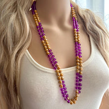 Load image into Gallery viewer, Peanut Butter & Jelly Glass Bead Chunky Statement Necklace, long glass jewelry beaded necklace, layering necklace purple tan brown long