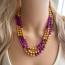 Load image into Gallery viewer, Peanut Butter & Jelly Glass Bead Chunky Statement Necklace, long glass jewelry beaded necklace, layering necklace purple tan brown long