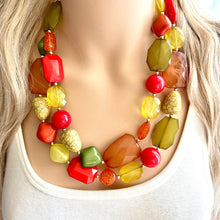 Load image into Gallery viewer, Pumpkin Patch Statement Necklace, chunky bib beaded jewelry, Halloween jewelry fall rust orange yellow necklace, beaded acrylic jewelry