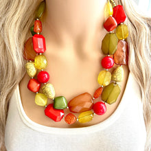 Load image into Gallery viewer, Pumpkin Patch Statement Necklace, chunky bib beaded jewelry, Halloween jewelry fall rust orange yellow necklace, beaded acrylic jewelry