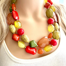 Load image into Gallery viewer, Pumpkin Patch Statement Necklace, chunky bib beaded jewelry, Halloween jewelry fall rust orange yellow necklace, beaded acrylic jewelry