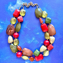 Load image into Gallery viewer, Pumpkin Patch Statement Necklace, chunky bib beaded jewelry, Halloween jewelry fall rust orange yellow necklace, beaded acrylic jewelry