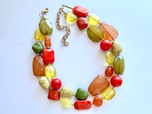 Load image into Gallery viewer, Pumpkin Patch Statement Necklace, chunky bib beaded jewelry, Halloween jewelry fall rust orange yellow necklace, beaded acrylic jewelry