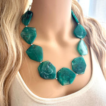 Load image into Gallery viewer, Emerald Green Chunky Statement Necklace, Big beaded jewelry, Single Strand bib bridal bridesmaid wedding silver earrings dark green earrings