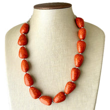 Load image into Gallery viewer, Orange Crackle Chunky Statement Necklace, Big beaded jewelry, single strand Statement Necklace, chunky clementine bib jewelry dinosaur egg