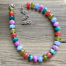 Load image into Gallery viewer, Rainbow Candy Statement Necklace, resin chunky multi-strand jewelry, green pink white necklace, single strand silver blue olive green red