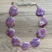 Load image into Gallery viewer, Purple Chunky Statement Necklace, Big beaded jewelry, Single Strand bib bridal bridesmaid wedding silver earrings brown swirl amethyst