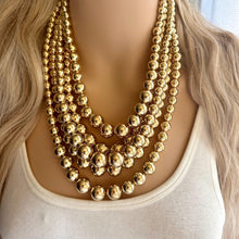 Load image into Gallery viewer, Five Strand Mirror Gold chunky statement necklace, big beaded jewelry, gifts for women, bib jewelry Multi-Strand necklace beaded earrings