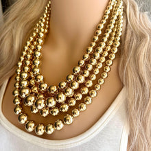 Load image into Gallery viewer, Five Strand Mirror Gold chunky statement necklace, big beaded jewelry, gifts for women, bib jewelry Multi-Strand necklace beaded earrings