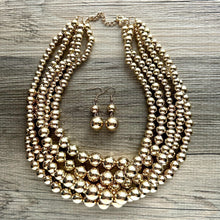 Load image into Gallery viewer, Five Strand Mirror Gold chunky statement necklace, big beaded jewelry, gifts for women, bib jewelry Multi-Strand necklace beaded earrings