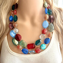 Load image into Gallery viewer, Fall Festival Chunky Statement Necklace, gold bib necklace, red blue emerald green necklace, geometric chain resin beaded jewelry