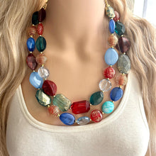 Load image into Gallery viewer, Fall Festival Chunky Statement Necklace, gold bib necklace, red blue emerald green necklace, geometric chain resin beaded jewelry