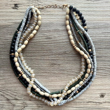Load image into Gallery viewer, Gold & Neutral statement necklace, chunky bib beaded jewelry 6 strand tan necklace, wood multi strand wood, Traveler Collection metallic