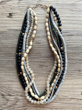 Load image into Gallery viewer, Gold & Neutral statement necklace, chunky bib beaded jewelry 6 strand tan necklace, wood multi strand wood, Traveler Collection metallic