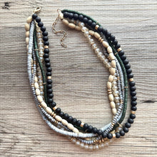 Load image into Gallery viewer, Gold & Neutral statement necklace, chunky bib beaded jewelry 6 strand tan necklace, wood multi strand wood, Traveler Collection metallic