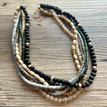 Load image into Gallery viewer, Gold & Neutral statement necklace, chunky bib beaded jewelry 6 strand tan necklace, wood multi strand wood, Traveler Collection metallic
