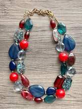 Load image into Gallery viewer, Fall Quilt Chunky Statement Necklace, gold bib necklace, red blue emerald green necklace, geometric chain resin beaded jewelry
