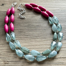Load image into Gallery viewer, Pink & Green Statement Necklace, Multi-Strand, Double Layer Chunky Jewelry, pink green jewelry, beaded necklace, green hot pink magenta