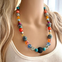 Load image into Gallery viewer, Rainbow Skylights Statement Necklace, resin chunky multi-strand jewelry, green pink white necklace, single strand silver blue olive orange