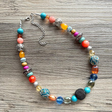 Load image into Gallery viewer, Rainbow Skylights Statement Necklace, resin chunky multi-strand jewelry, green pink white necklace, single strand silver blue olive orange