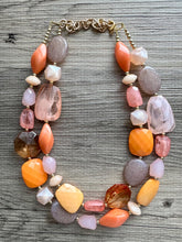 Load image into Gallery viewer, Summer Sunshine Statement Necklace, chunky bib beaded jewelry, Rainbow jewelry, coral peach orange gold pink, beaded acrylic jewelry